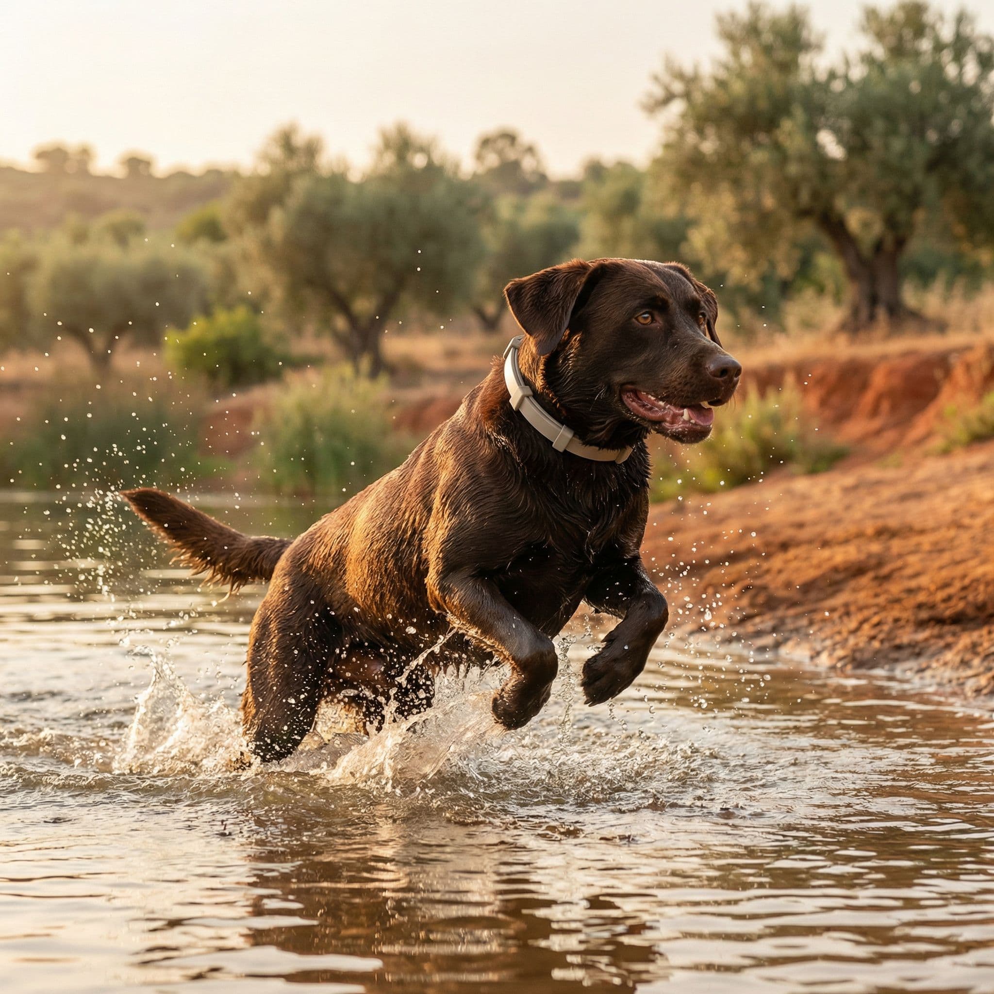 Chocolate Labrador splashing in water wearing the Luvina Pet collar